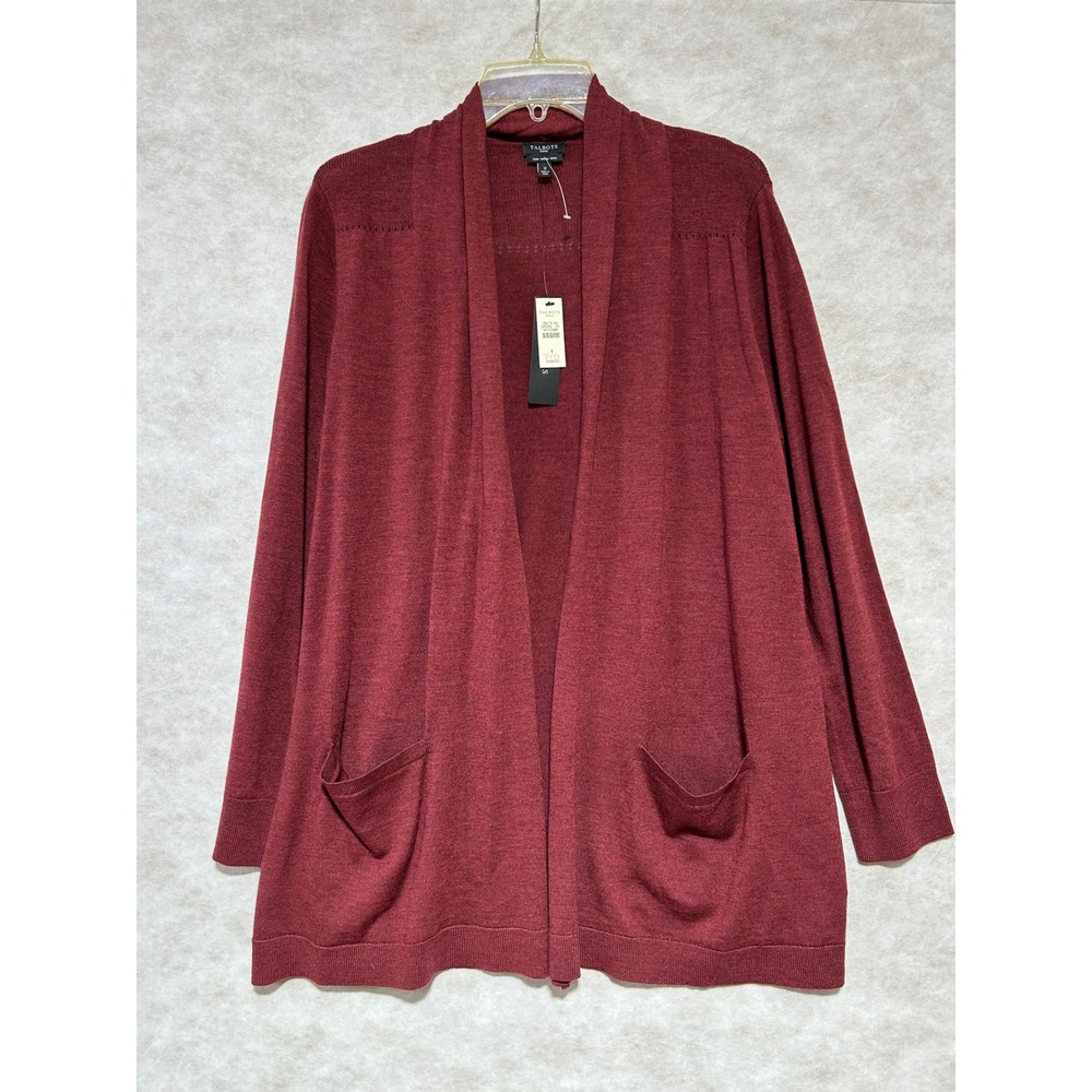 Talbots Woman Merino Wool Cardigan Sweater Burgundy Open Front Pockets SizeX NEW